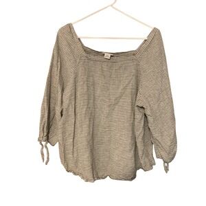 Liz Claiborne XXL Striped Linen Blend Tie Sleeve‎ Square Neck Top